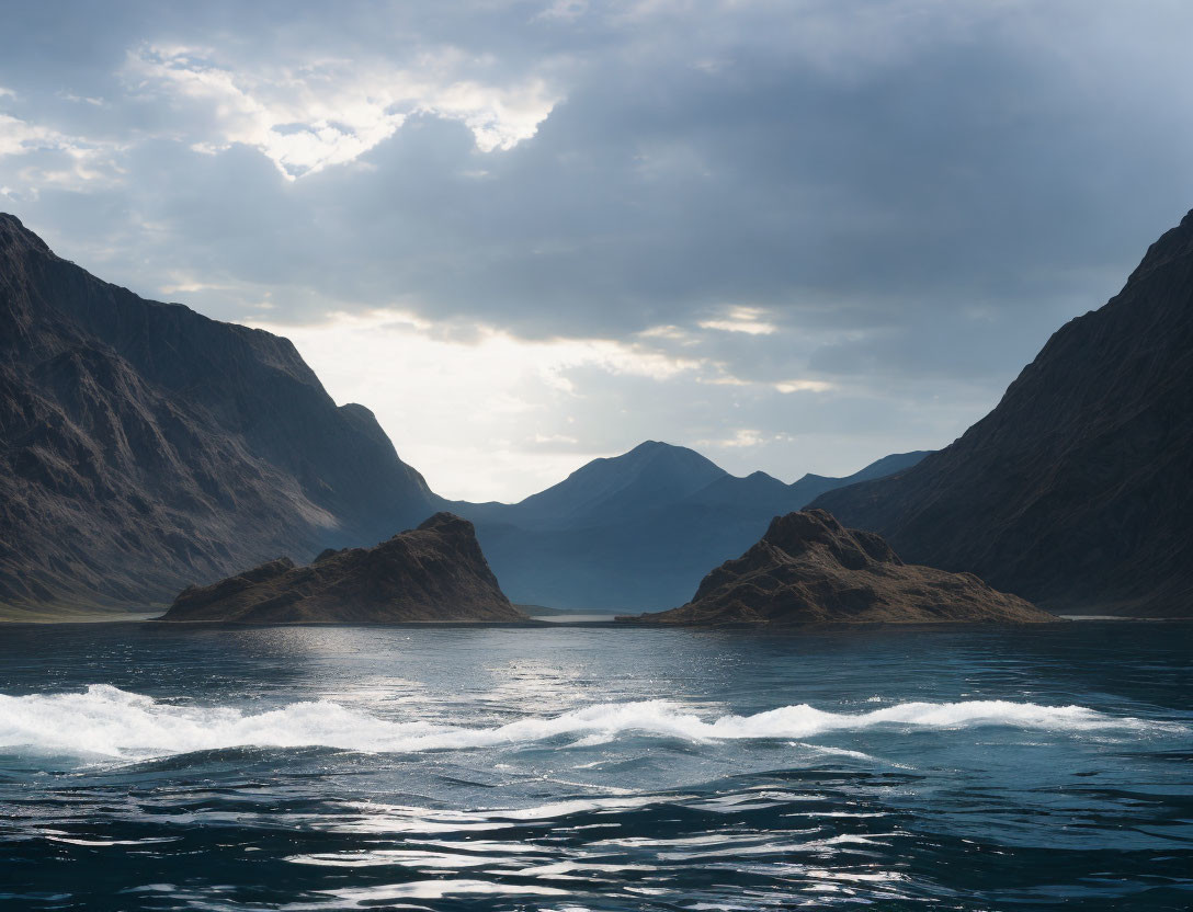 Scenic lake with islands, mountains, and cloudy sky