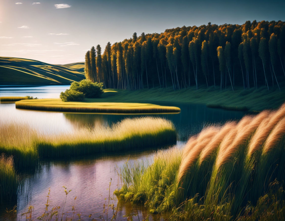 Serene lake with island tree, tall grass, and forest backdrop