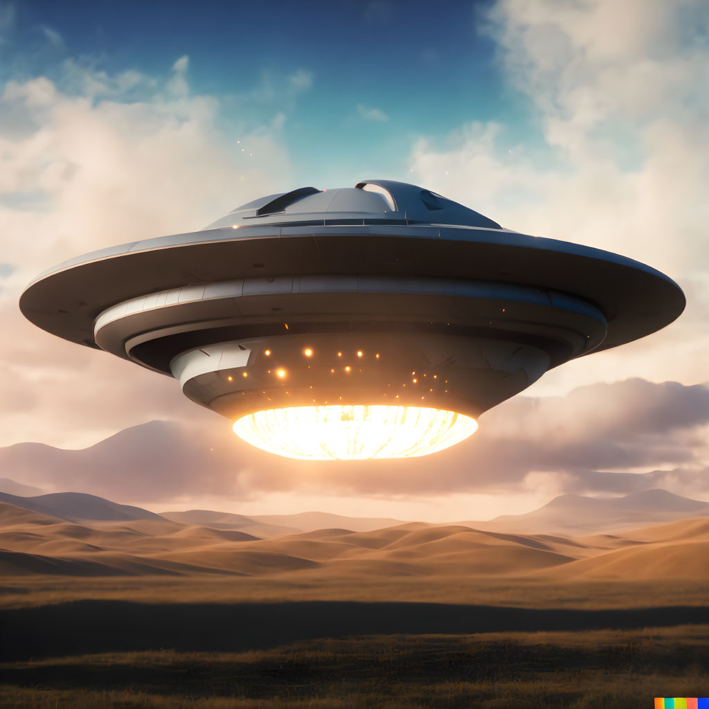 Enormous glowing UFO over desert landscape