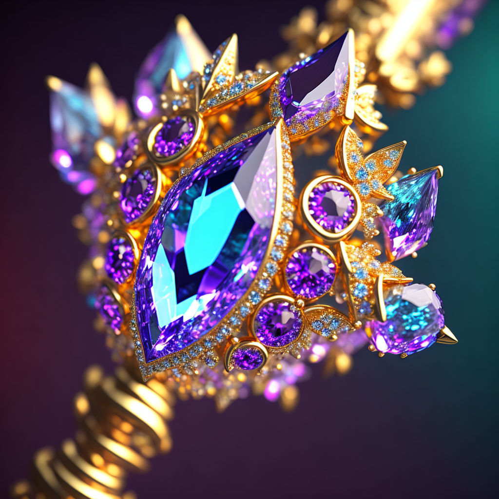 Golden Ring with Blue Gemstone and Purple Jewels on Blurred Background