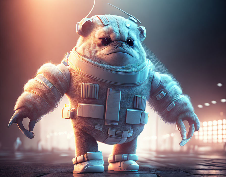 Grumpy bulldog humanoid in sci-fi space suit with headphones under dramatic lighting