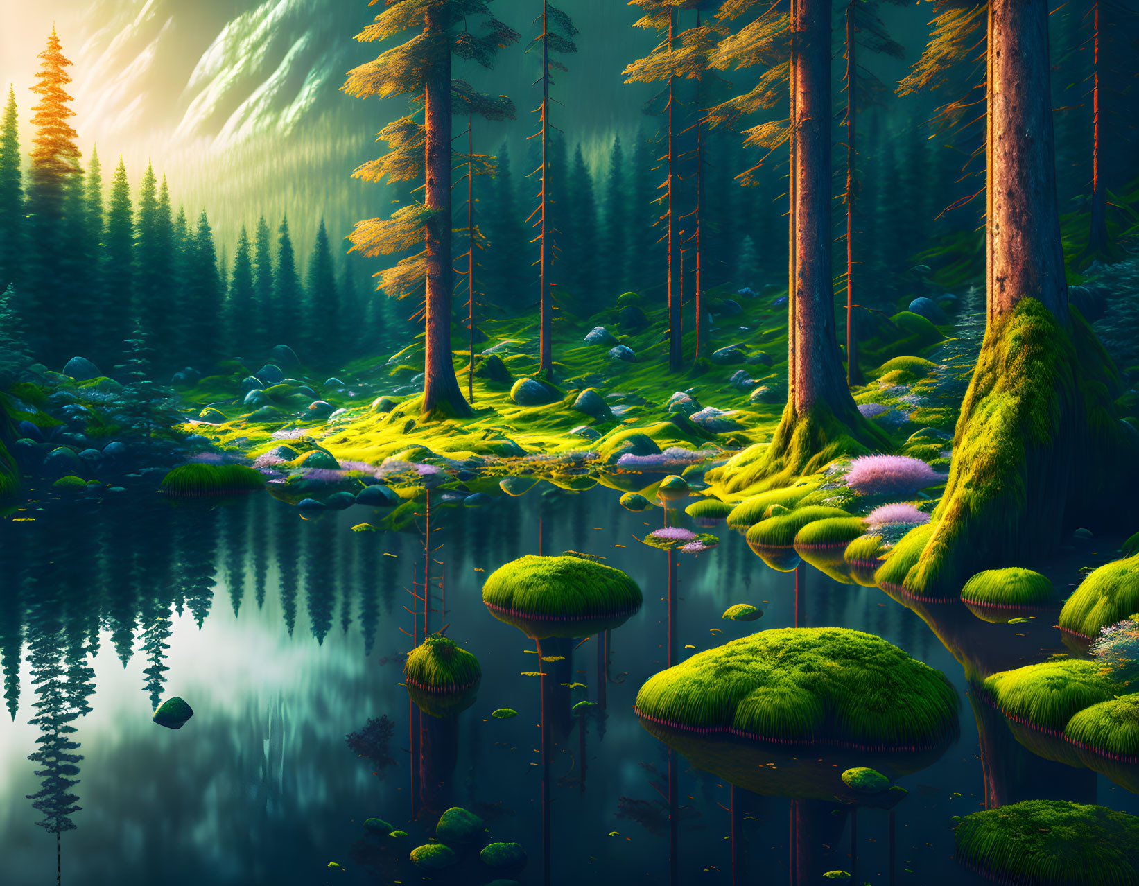 Mystical forest with moss-covered grounds and tranquil lake reflection