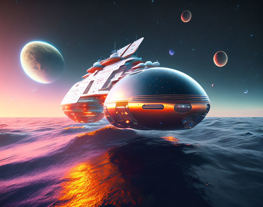 Futuristic spaceship above ocean waves at sunset with planets and moons in vibrant alien sky