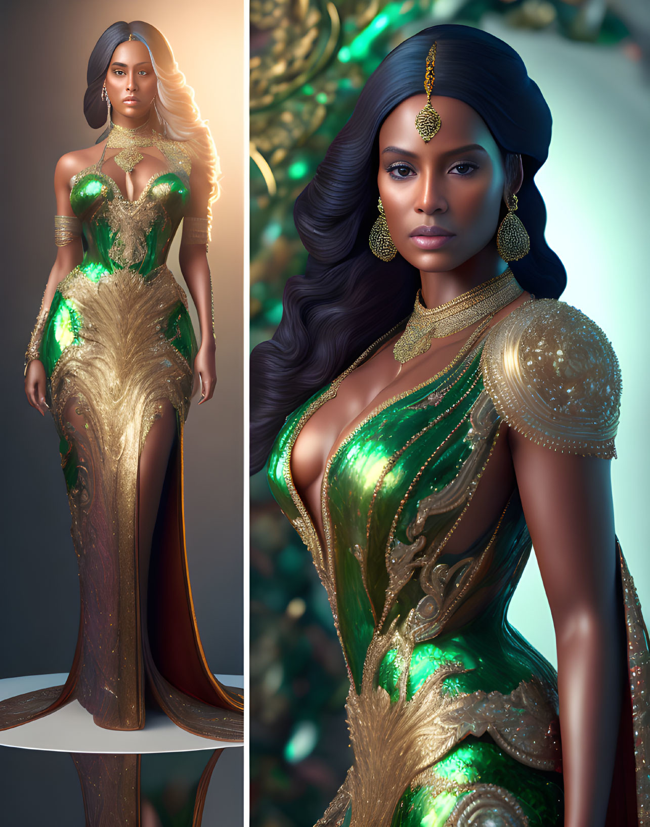 Digital artwork of a woman in luxurious green and gold gown with long wavy hair