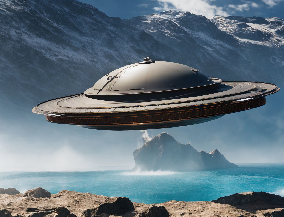 Classic Flying Saucer Hovering Above Rocky Terrain with Misty Ocean and Mountains in Background