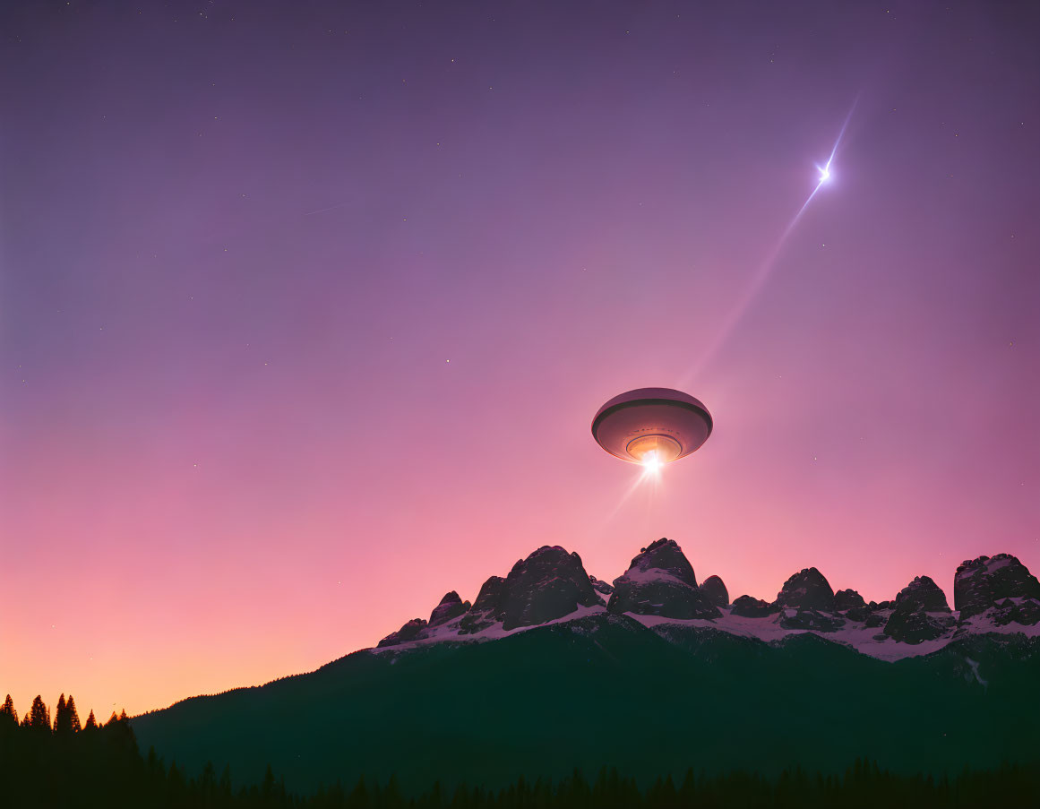 UFO beaming light over silhouetted mountain range at twilight