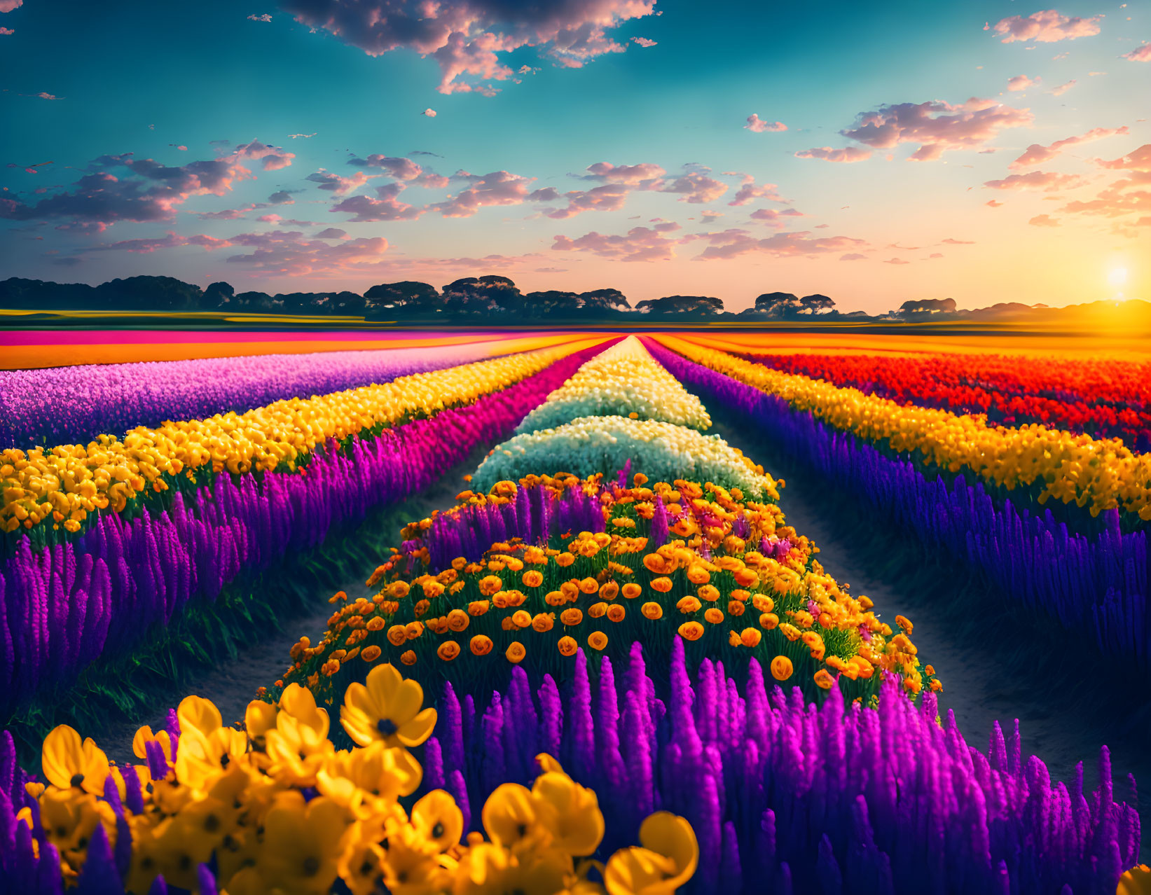 Colorful Tulip Flowers Stretching Under Sunset Sky