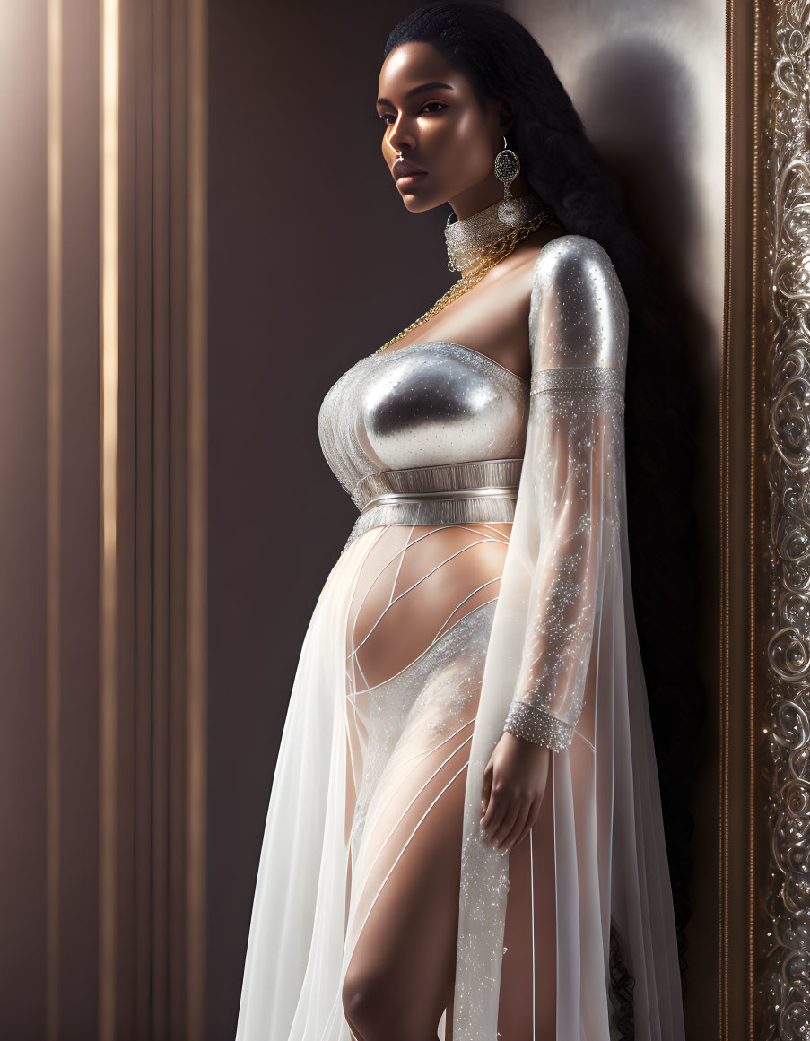 Woman in Silver and White Dress with Statement Jewelry Poses by Column