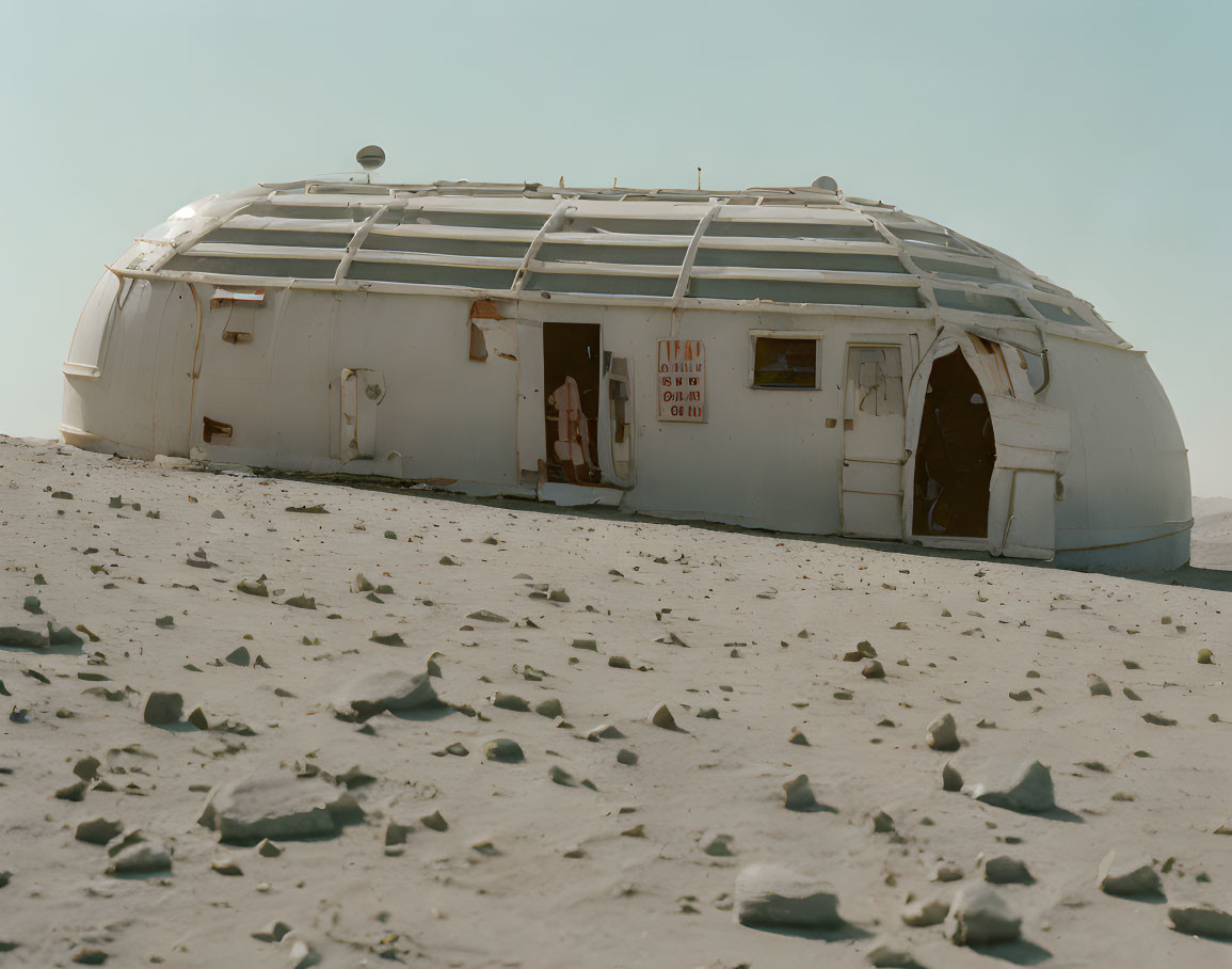 Decrepit dome structure in sandy desert landscape under clear sky