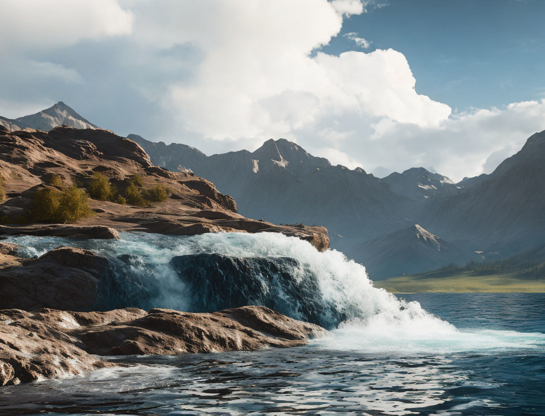 Scenic waterfall with mountains and lake landscape