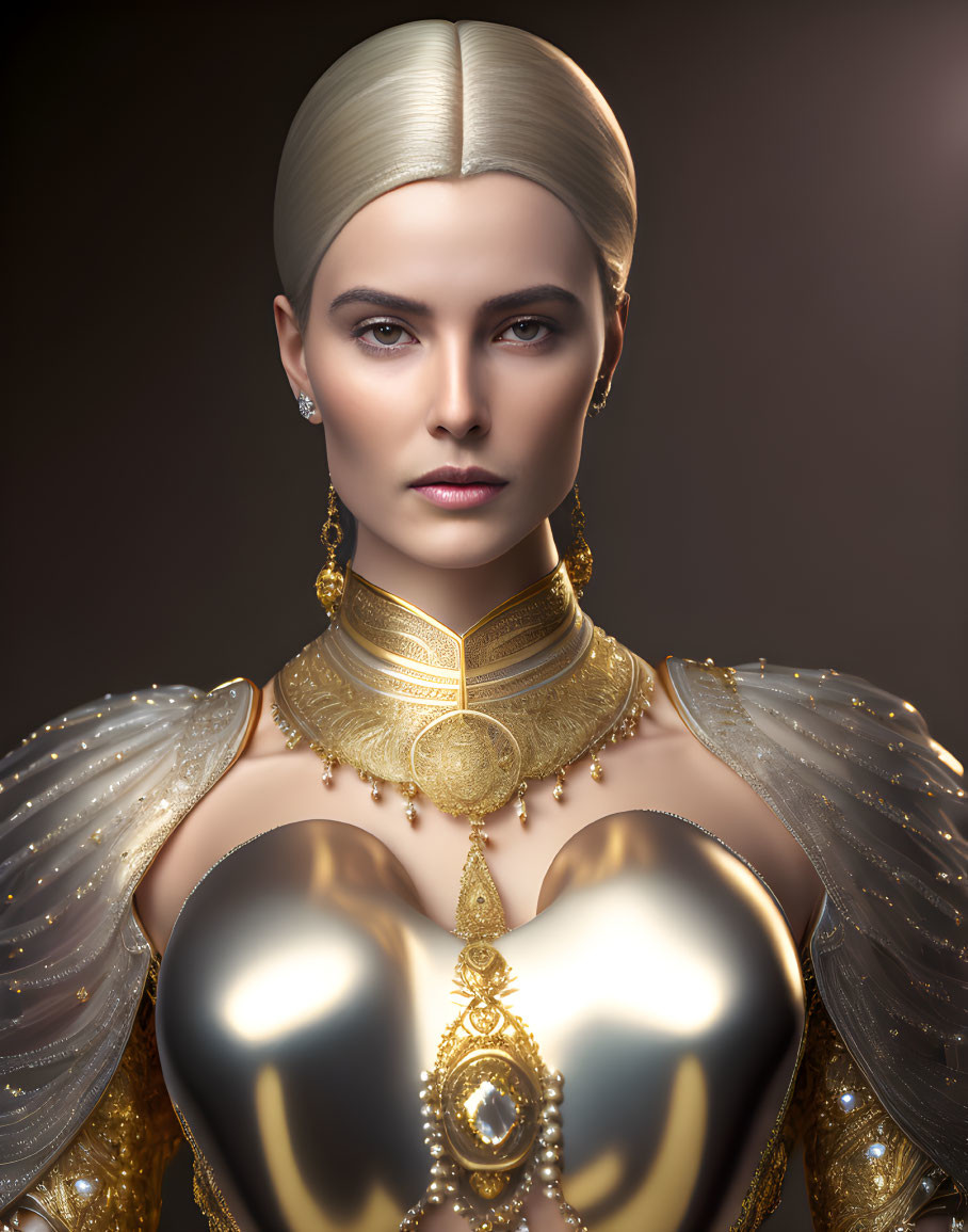 Stylized 3D illustration of woman in opulent golden armor