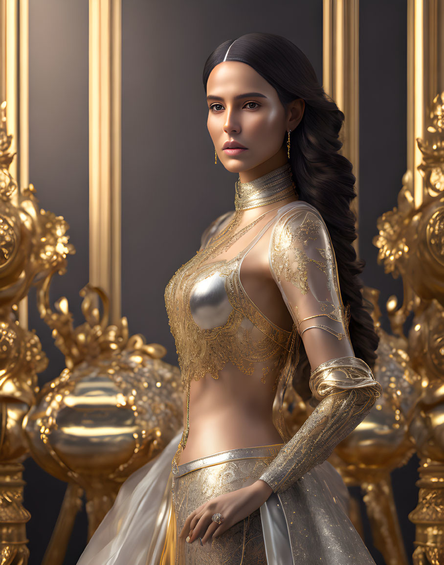 Regal woman in gold attire with mirrors backdrop