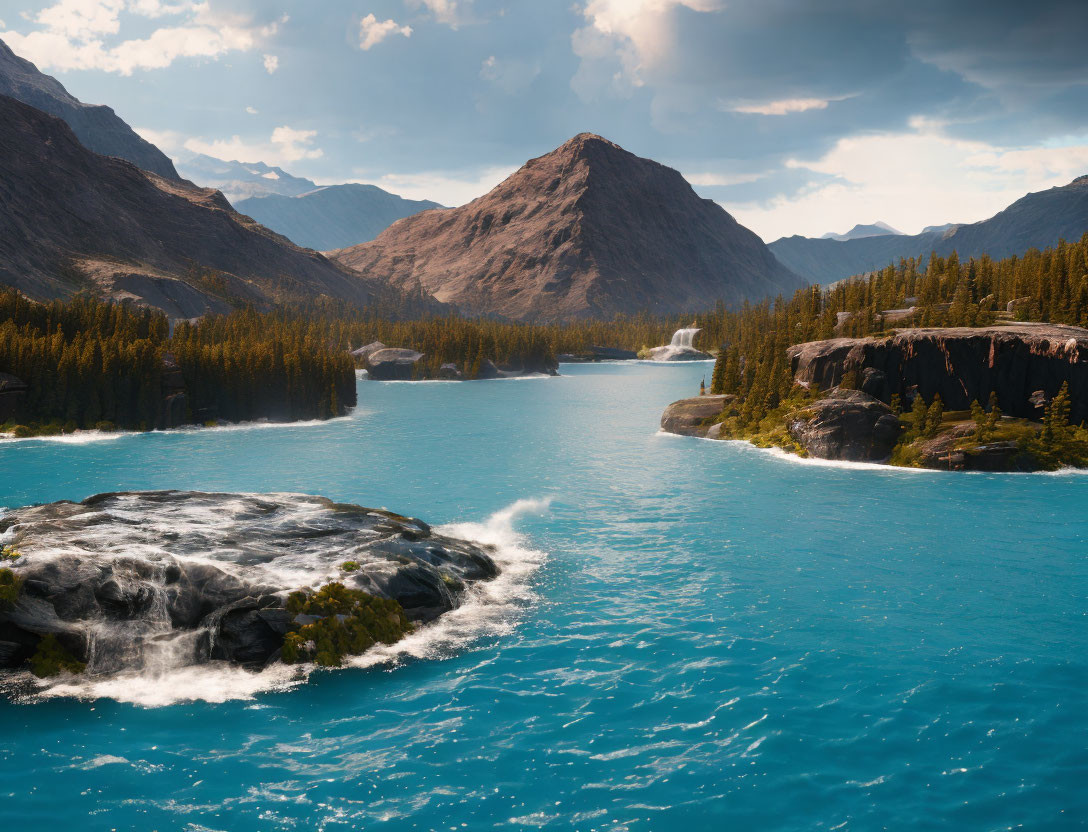 Mountain landscape with blue lake, waterfalls, trees, and rocks under cloudy sky