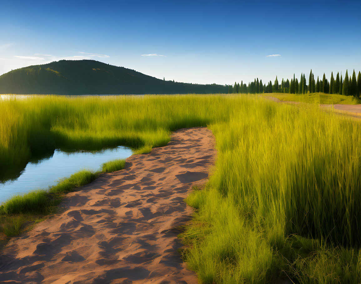 Tranquil landscape with sandy path, lush grass, lake, hill, and blue sky