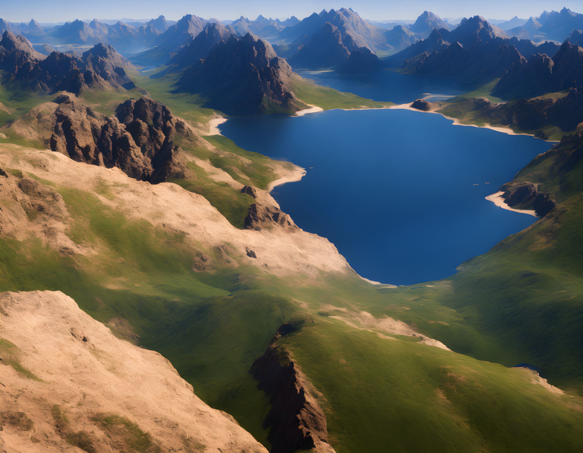 Scenic mountain landscape with blue lake and rugged peaks