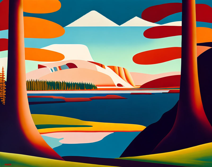 Colorful Abstract Landscape Art with Mountains, Trees, and Lake