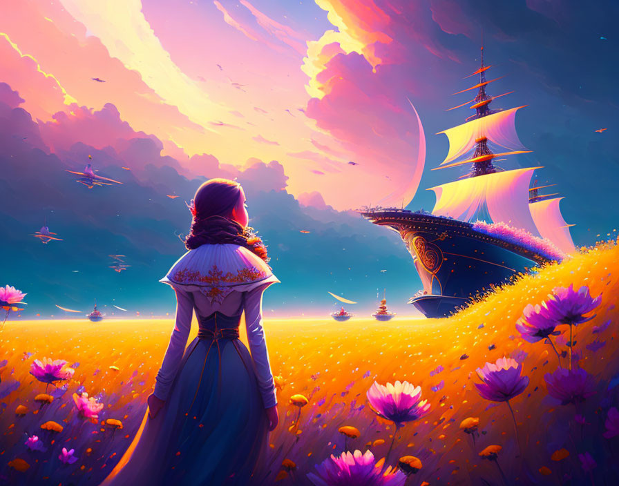 Woman in period dress admires flying ship in flower field sunset