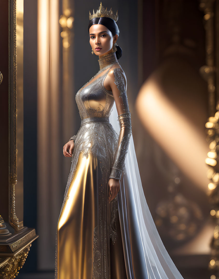 Regal woman in gold gown and tiara beside golden columns