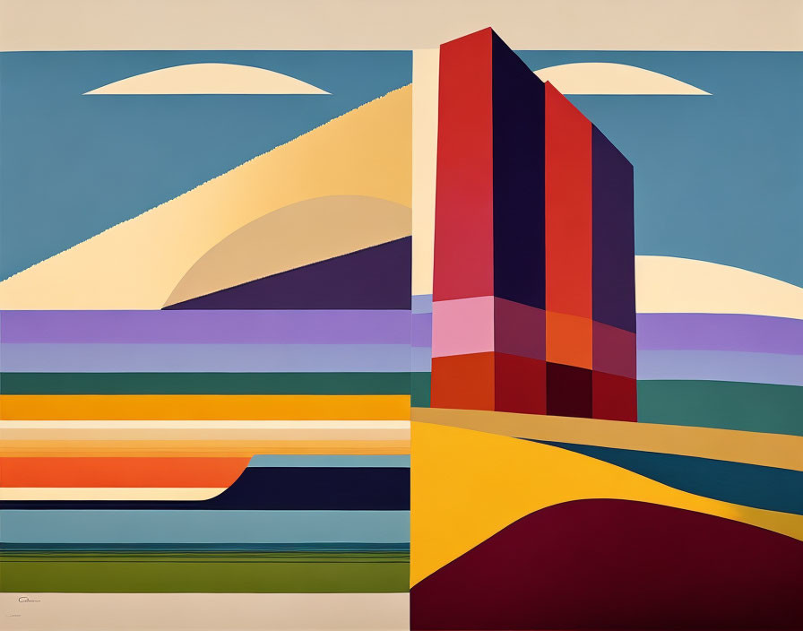 Colorful Abstract Geometric Painting with Landscape and Architectural Elements