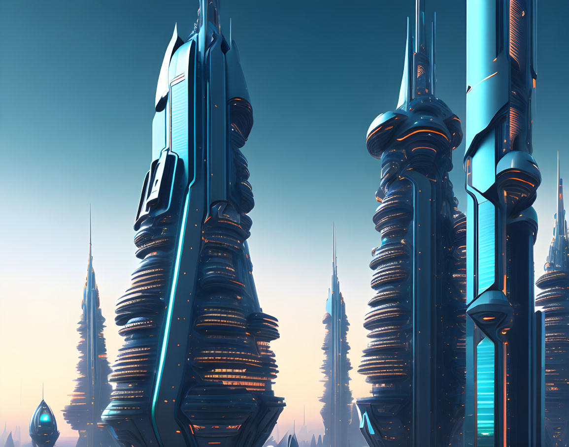 Futuristic Blue Skyscrapers in Dusk Cityscape