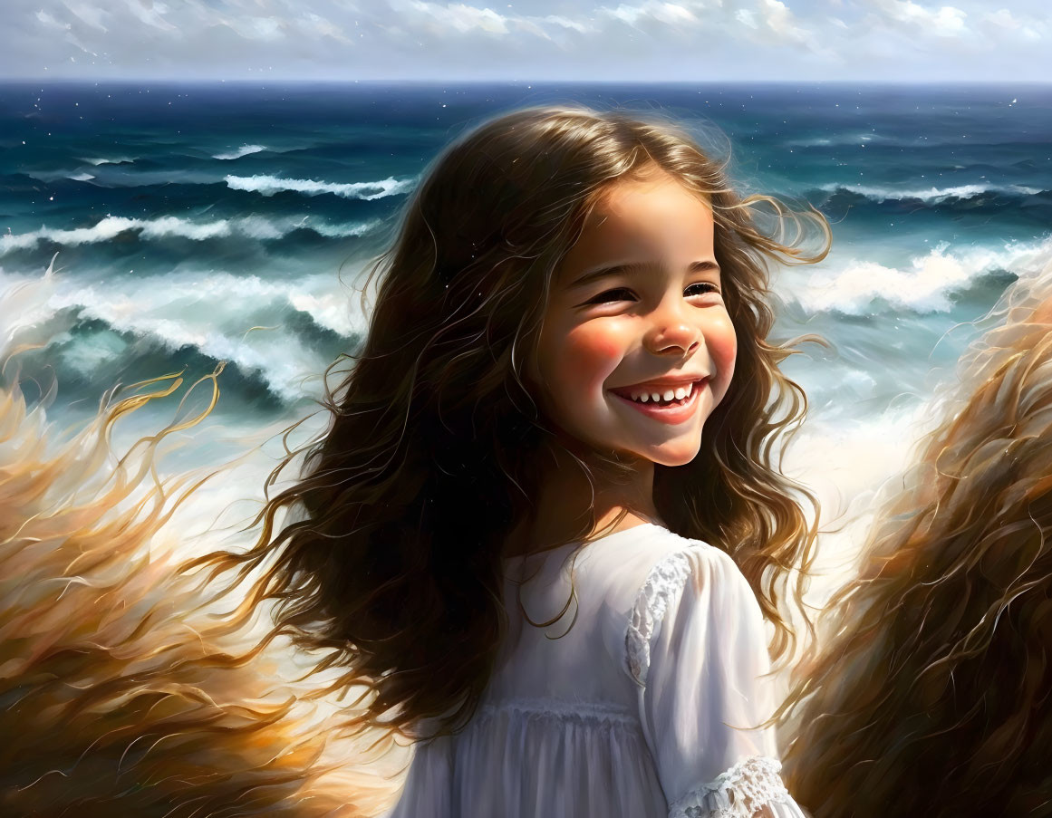 Young girl with wavy hair in white dress by the seashore