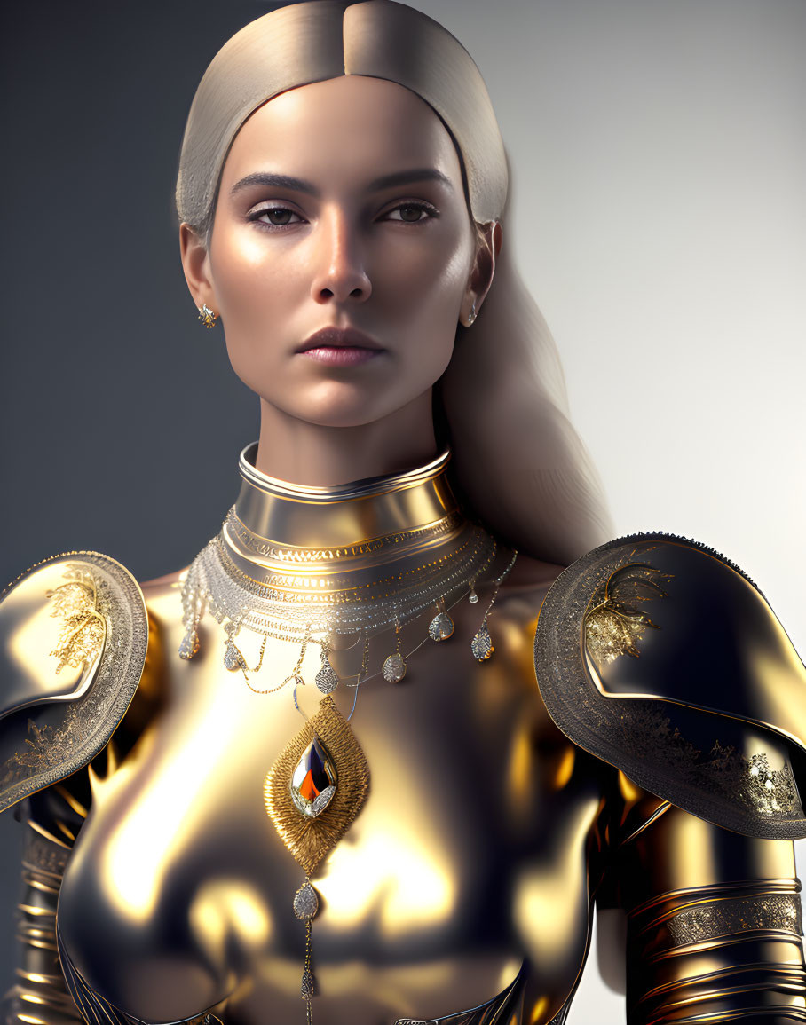 Golden armored female figure with red gemstone in 3D render