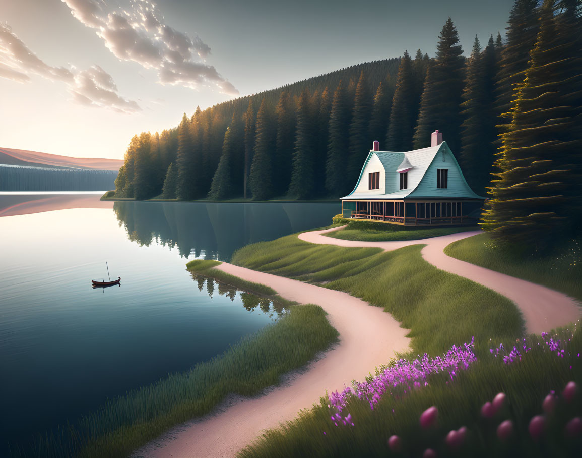 Charming lakeside house with boat, trees, and flowers at dusk