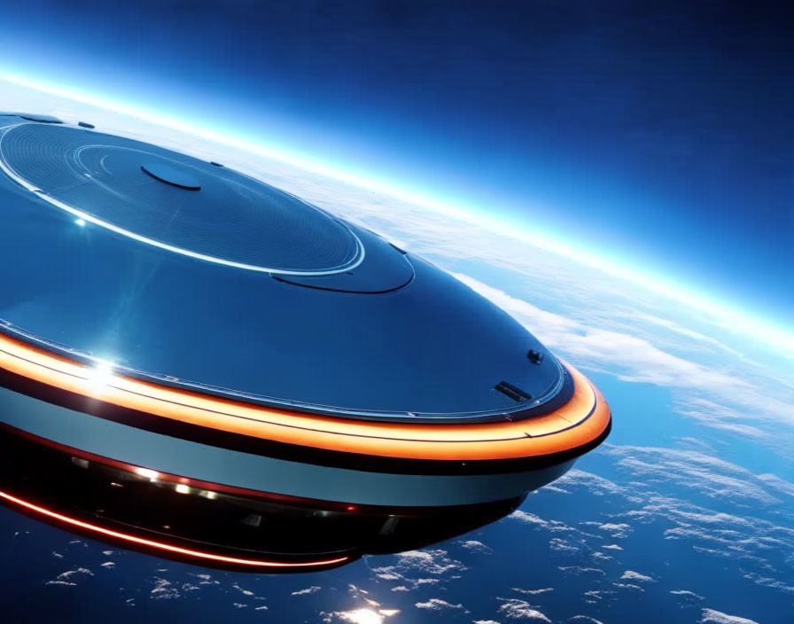 Futuristic flying saucer spacecraft hovering above Earth with glowing orange light