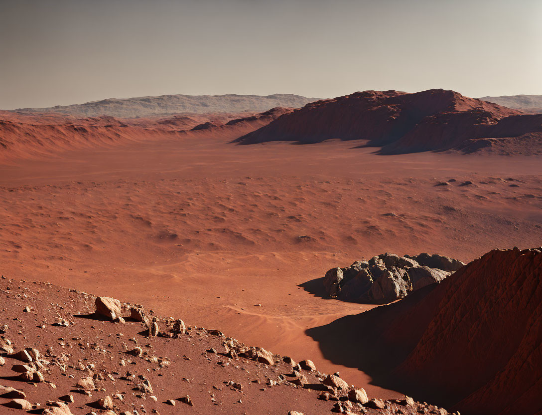 Mars rover captures desert landscape with reddish-brown soil under hazy sky