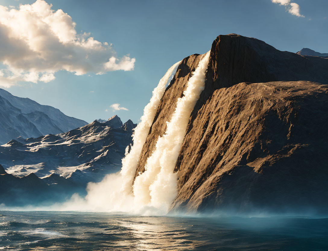 Majestic waterfall flowing into ocean with mist and mountains