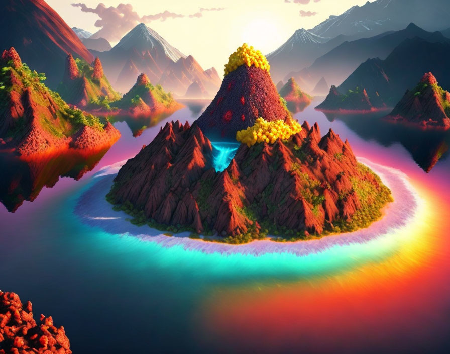 Colorful fantasy landscape with rainbow river, volcano, and mountains.