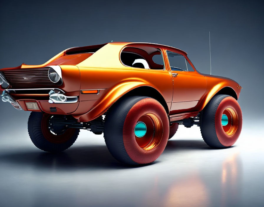 Stylized orange monster truck with large wheels and cartoonish eye