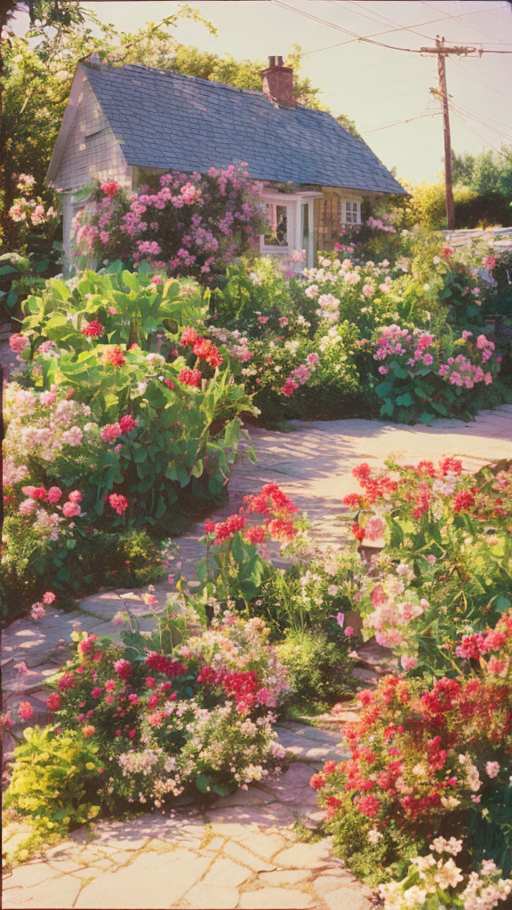 Gray Shingle Roof Cottage Surrounded by Vibrant Flower Garden