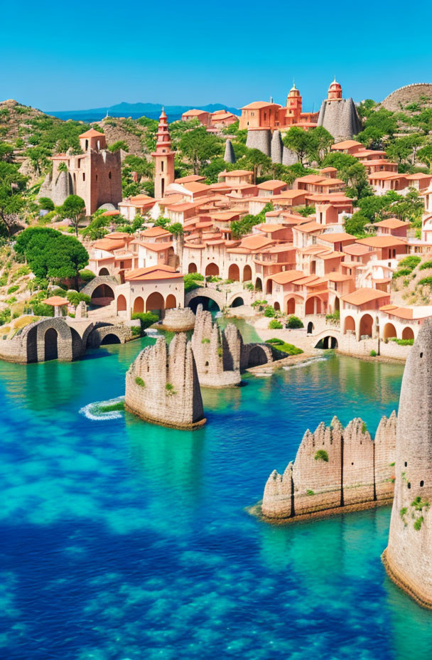 Scenic coastal village with terracotta roofs and arched bridges