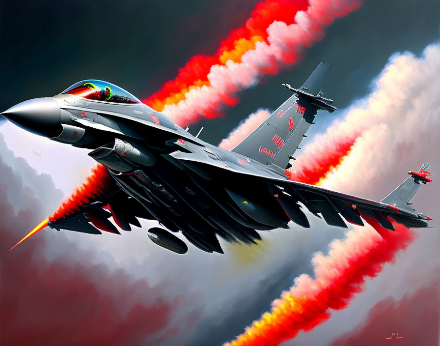 Colorful Fighter Jet Artwork with Smoke Trails in Dramatic Sky