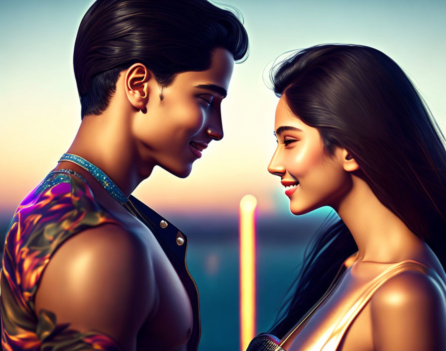 Stylized man and woman in affectionate gaze against sunset backdrop