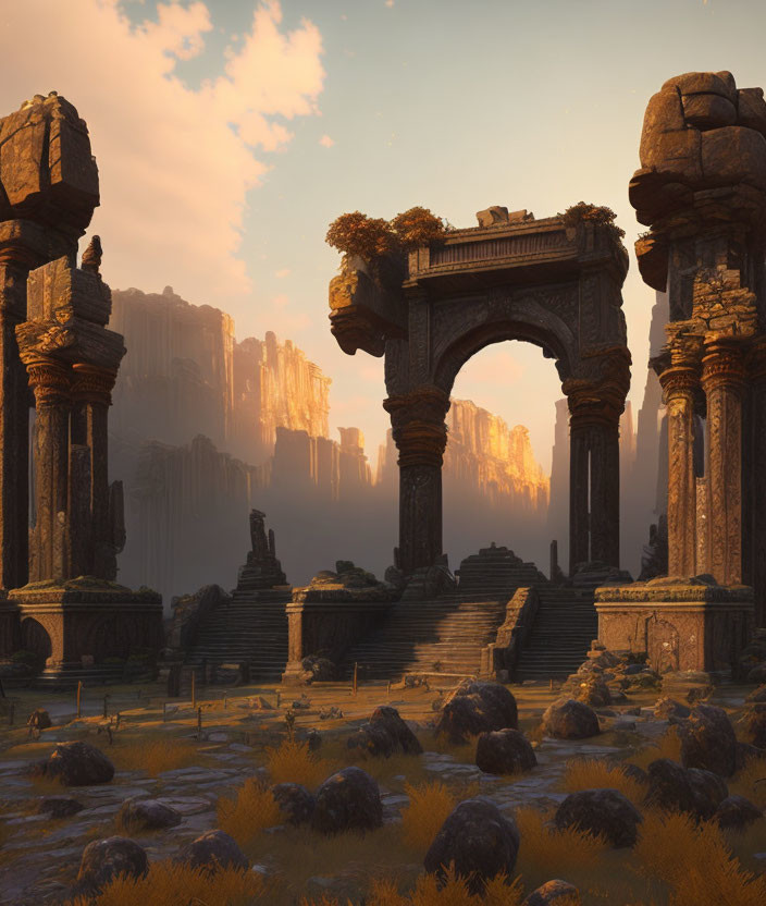 Mystical landscape with ancient ruins and archway amid towering cliffs