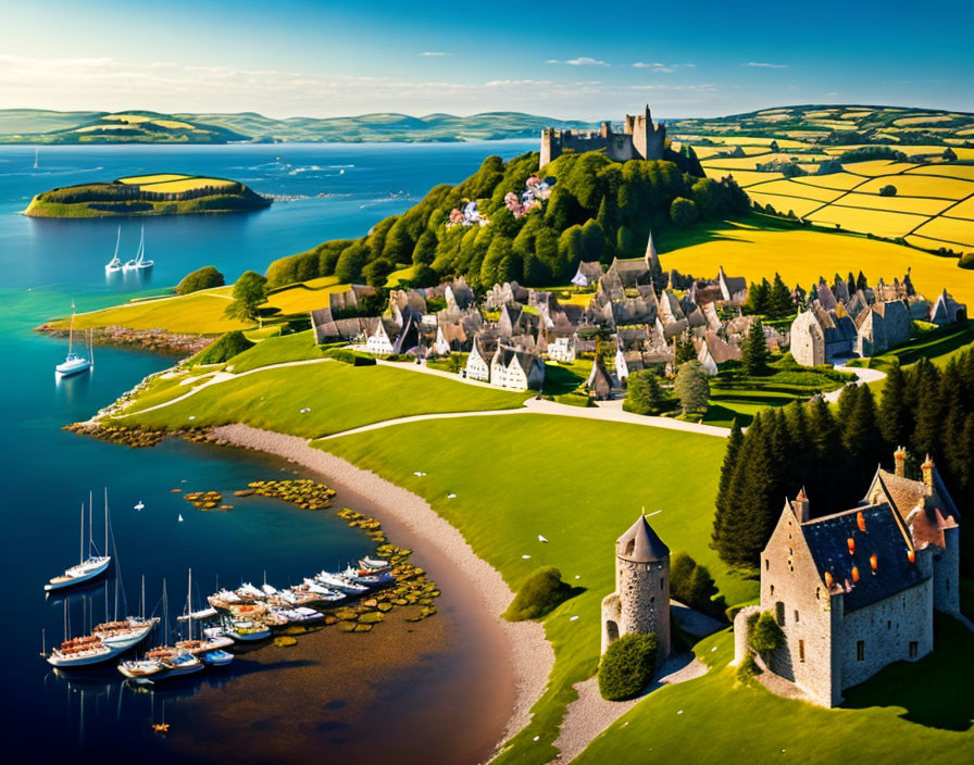 Coastline with castle, boats, village, and green hills on a sunny day