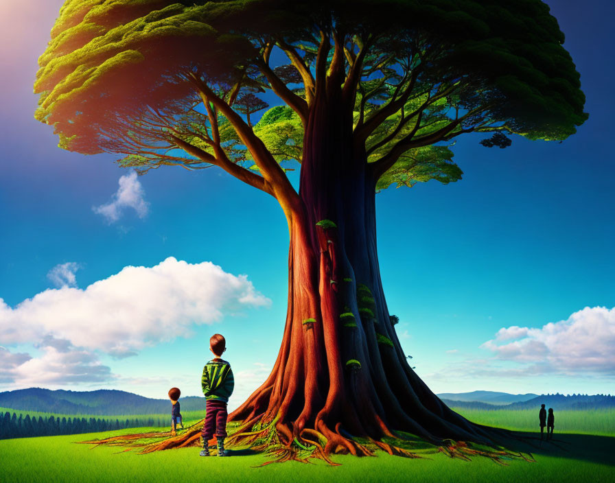 Child admires colossal tree in vibrant landscape