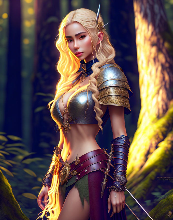 Fantasy Female Warrior in Golden Armor in Mystical Forest