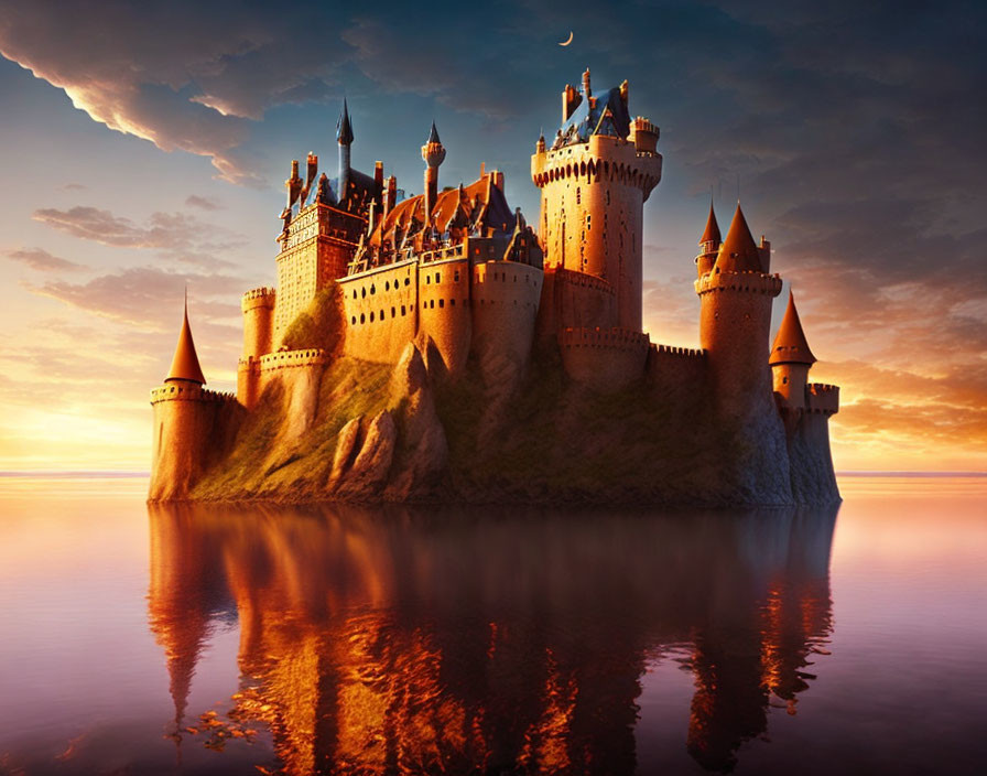 Majestic castle with spires and towers on rocky island at sunset