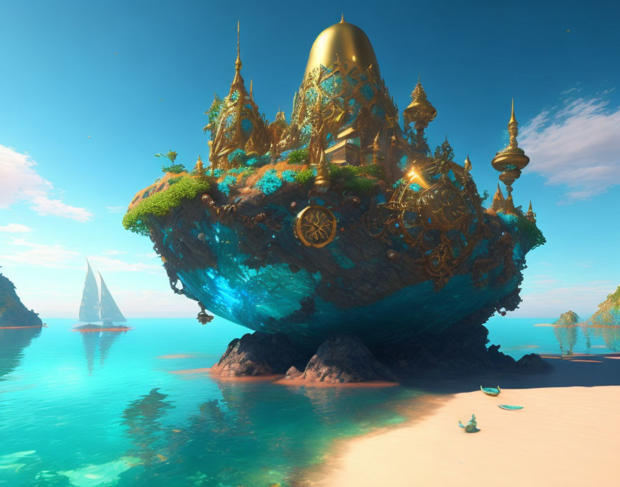 Fantastical floating island with golden structures, lush greenery, and clockwork elements above serene ocean