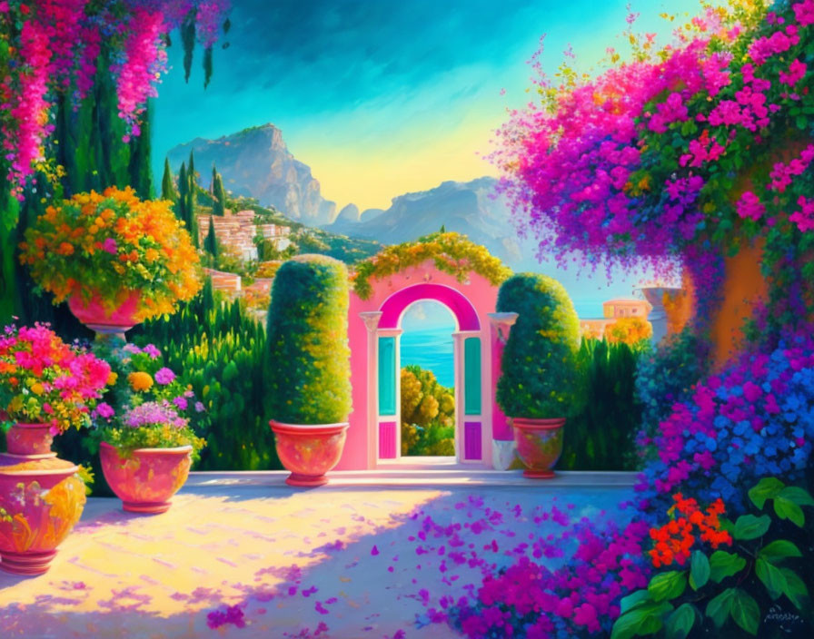 Pink flower garden by pink doorway, sea view, mountains, blue sky