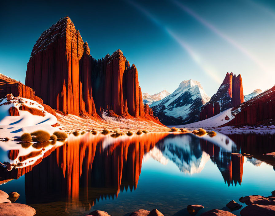 Snow-dusted red rock formations reflected in tranquil lake with snow-capped mountain backdrop