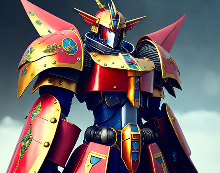 Colorful mecha with gold details and knight visor on cloudy sky background