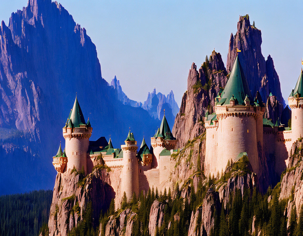 Castle with Multiple Spires on Forested Ridge Amidst Jagged Mountains