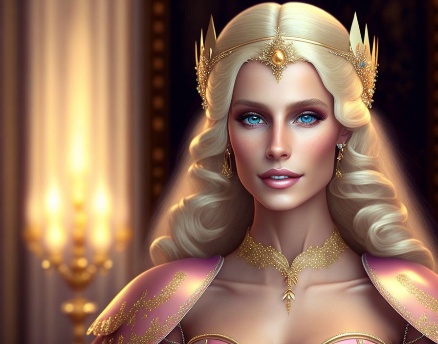 Regal woman with golden hair, crown, and jewelry against luxurious backdrop.