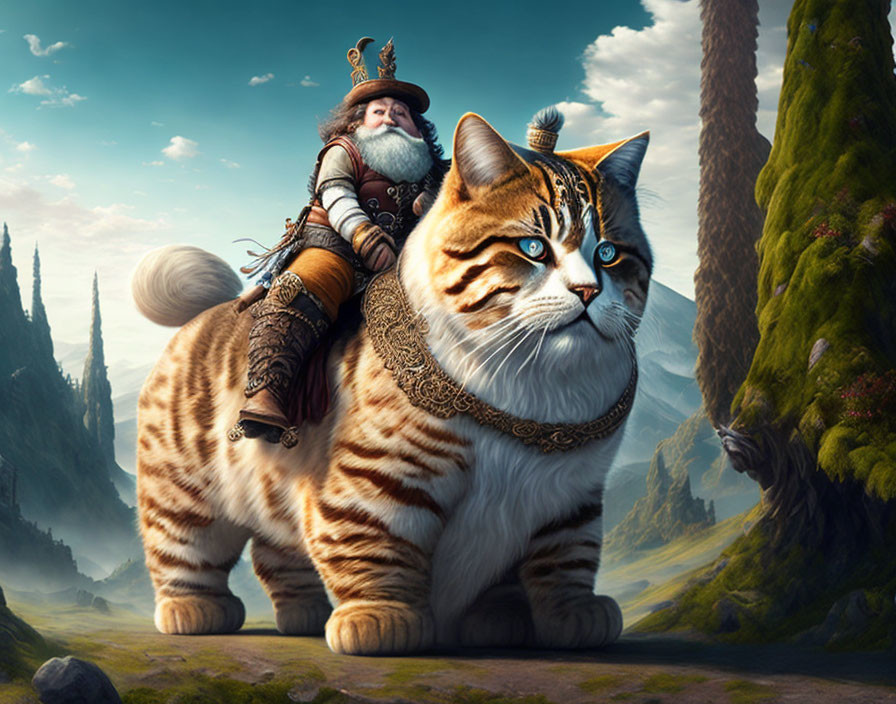 Regal dwarf king riding majestic cat in fantasy landscape