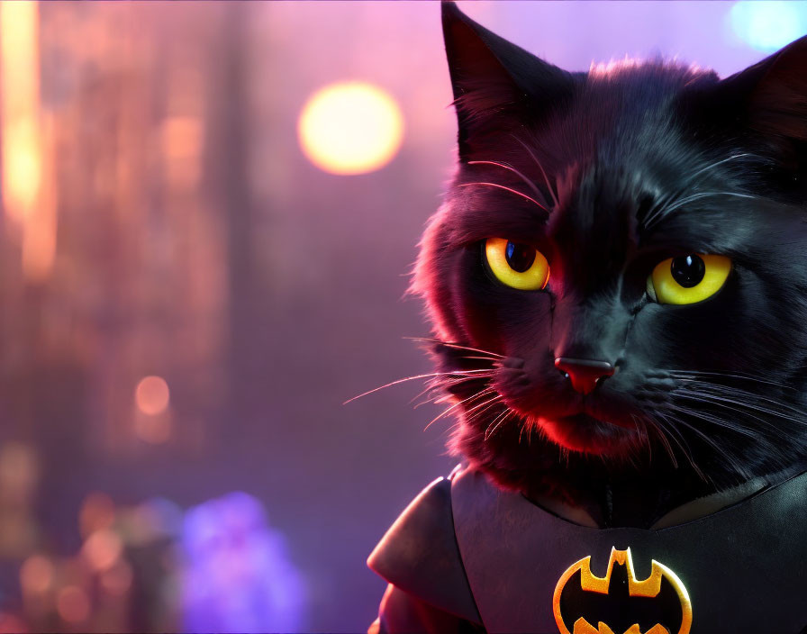 Animated Black Cat in Batman Costume with Yellow Eyes on City Lights Background