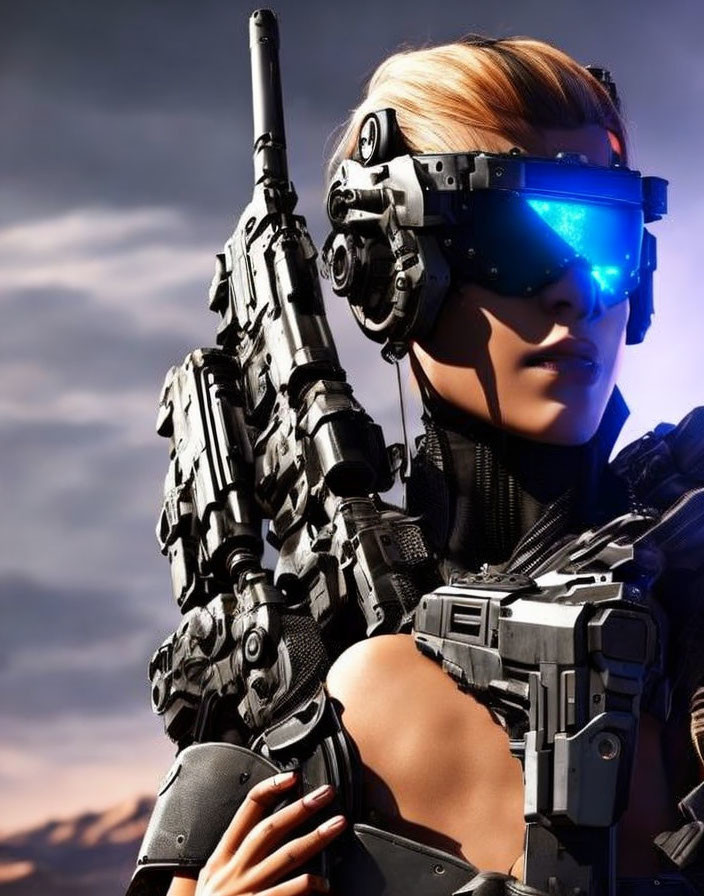 Futuristic female soldier with cybernetic helmet and rifle against dusky sky